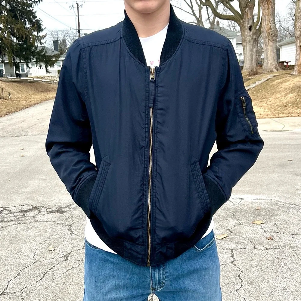 - Hollister L Navy Bomber Jacket! EUC!